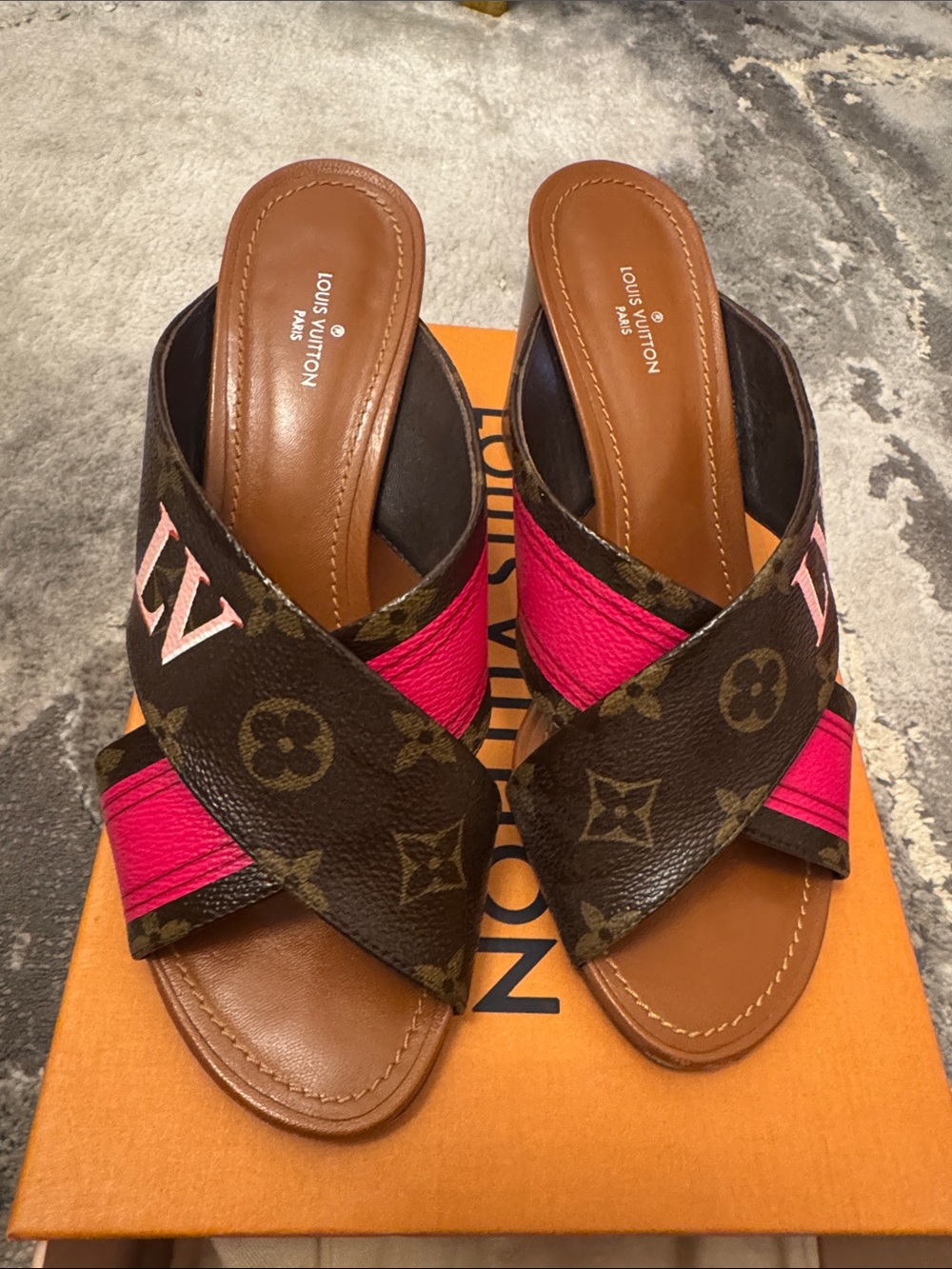 Louis Vuitton Brown Monogram & Bright Pink Crossband Slide Sandals
